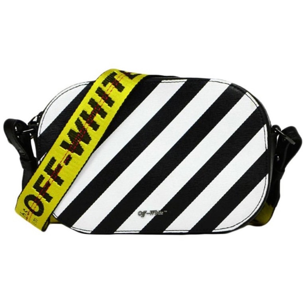Off-White Black and White Diagonal Stripe Crossbody with Yellow Logo Strap